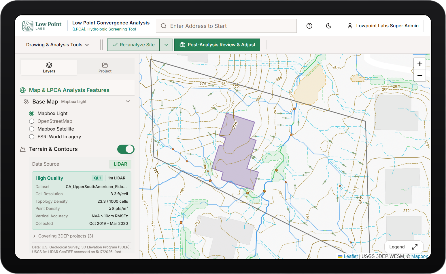Low Point Convergence Analysis hydrologic screening tool shown on a tablet