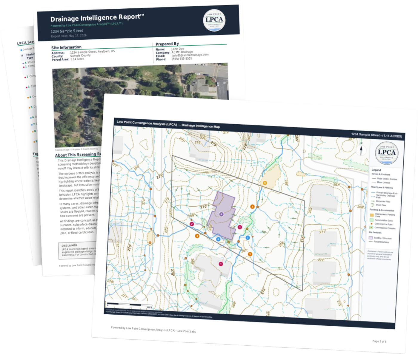 View sample Drainage Intelligence Report — fanned preview of cover page and LPCA drainage intelligence map